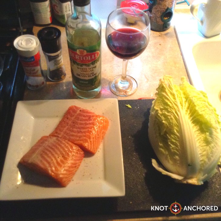 Salmon, napa cabbage, white wine vinegar, salt and pepper and wine for your efforts!
