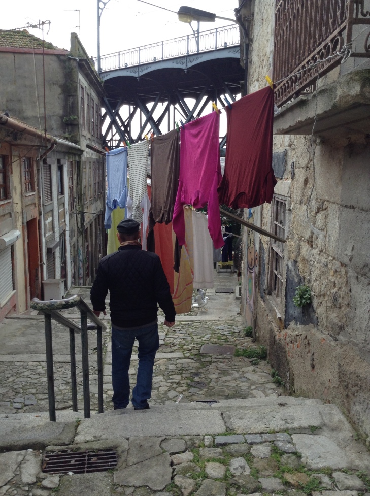 Porto alleyways, hanging laundry, cobblestone