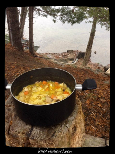 pot of chicken noodle soup, log, lake, outdoors