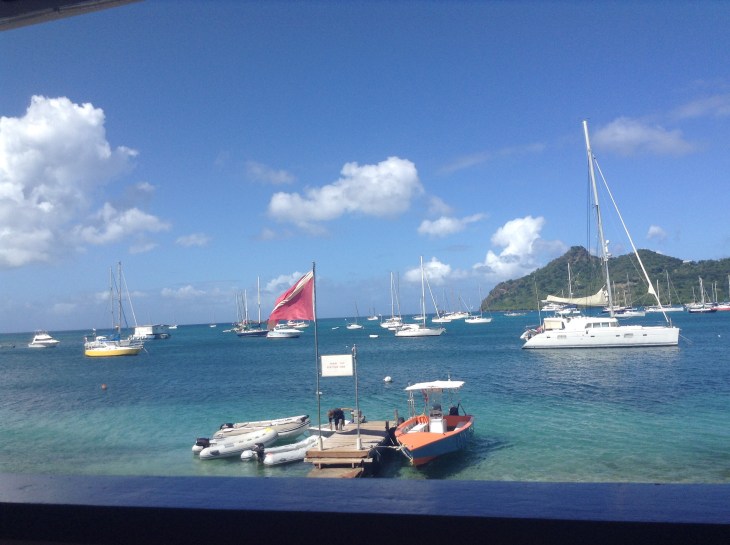 Boats anchored, Caribbean, restaurant window view, Caribbean, Tyrrel Bay