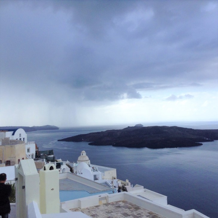 volcano, Santorini, rainy day