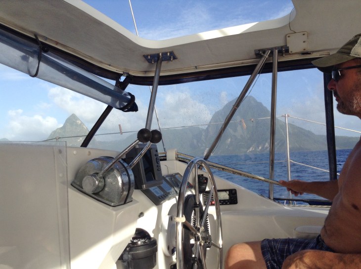 Catamaran helm, sailing, St Lucia, Pitons, Caribbean 