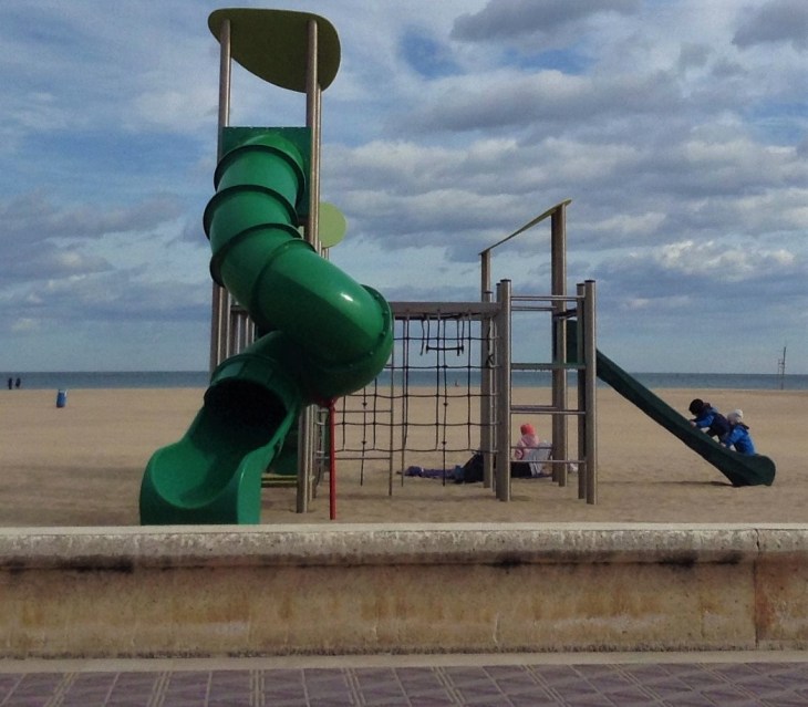 beach, playground, kids at play, Spain, ocean