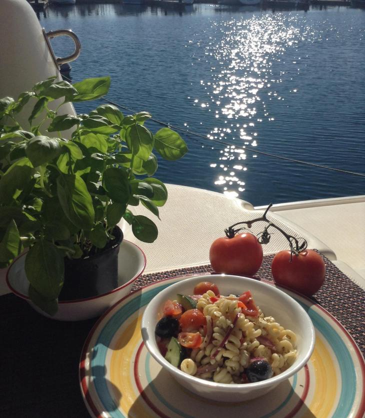 marina-in background-pasta-salad-colorful-plate-basil-tomatos